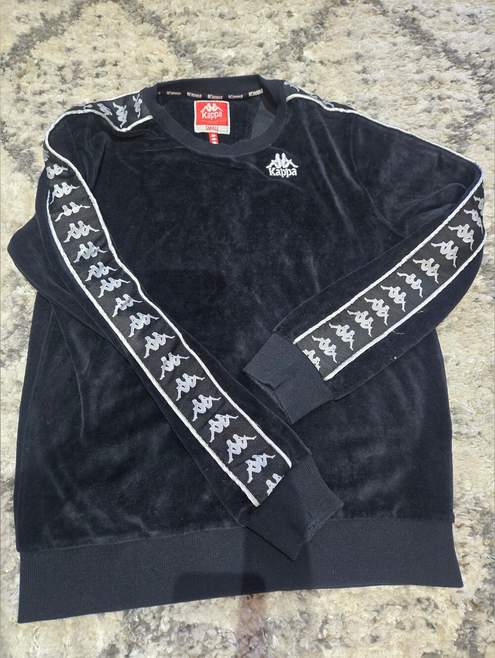Kappa Black Velour Crewneck with Logo Tape Sleeves SIZE S